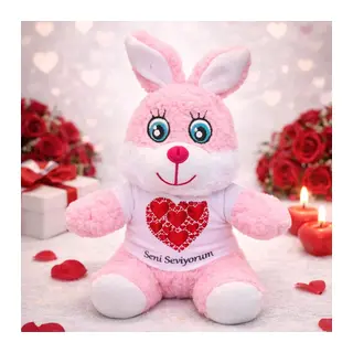Seni Seviyorum Tişörtlü Pembe Peluş Tavşan
