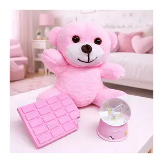 Pembe Peluş Ayıcık, Kar Küresi Ve Pembe Çikolata Not Defteri Hediye Seti