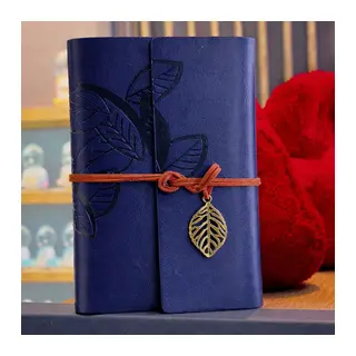 Lacivert Yaprak Desenli Deri Defter