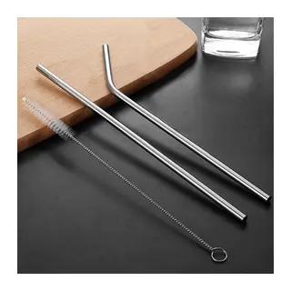 Ekstra Uzun Paslanmaz Çelik Pipet Seti – 3 Parça (Eğri + Düz + Fırça)