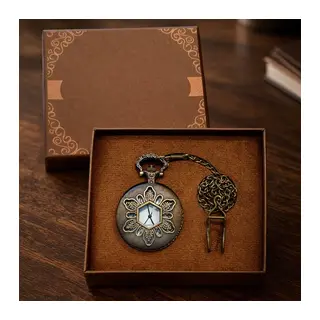 Geometrik Oymalı Tasarım - Köstekli Zincirli Cep Saati - Vintage Bronz