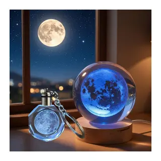 Dolunay Tasarımlı Işıklı Cam Küre - Kristal Anahtarlık Seti - Renk Değiştiren Gece Lambası