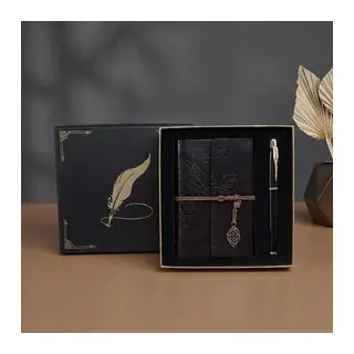 Kutulu Deri Defter ve Metal Roller Kalem Seti - Yaprak Desenli - Baskıya Uygun