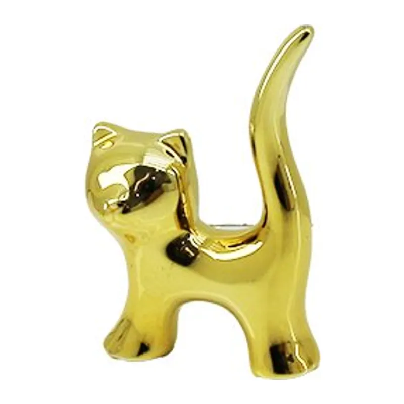 Kedi Tasarımlı Gold Seramik Biblo - Mini Boy - Parlak Altın Renk - Dekoratif Süs