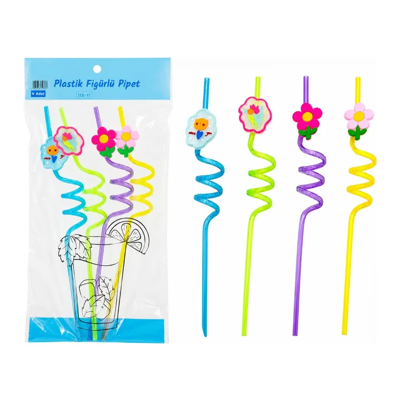 Kıvrımlı Renkli Plastik Pipet - Figürlü Tasarım - 4'lü Paket