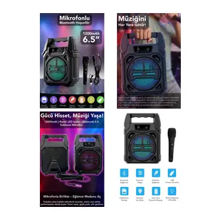 Mikrofonlu Bluetooth Hoparlör - LED Işıklı - USB Şarjlı - AUX Destekli