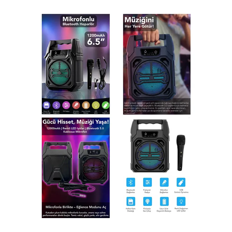 Mikrofonlu Bluetooth Hoparlör - LED Işıklı - USB Şarjlı - AUX Destekli