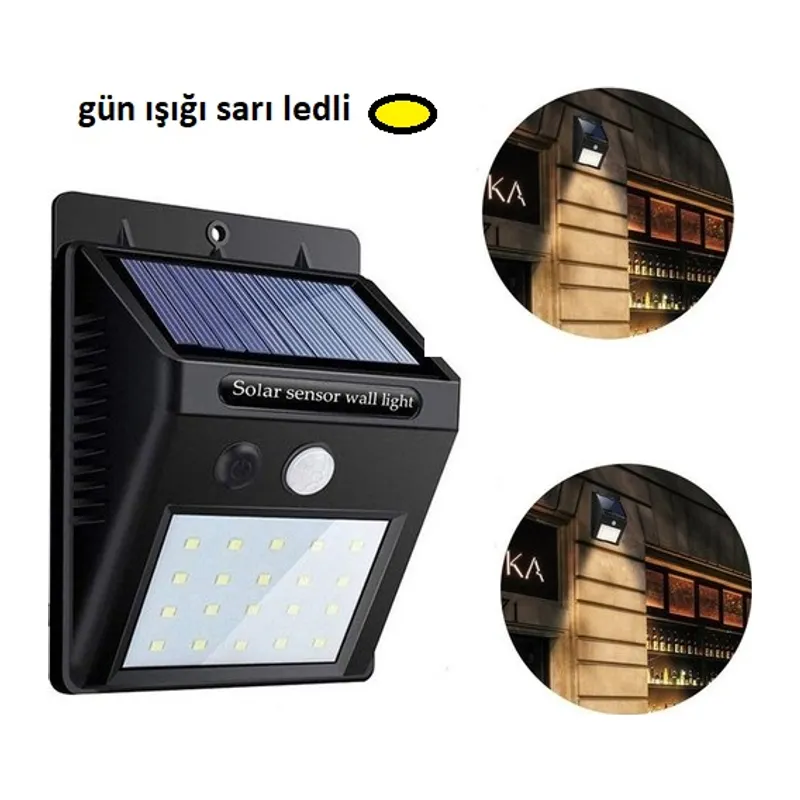 Sarı Gün Işıklı Solar Lamba - 20 LED - Dış Mekan Duvar Tipi