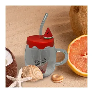 Karpuz Tasarımlı Cam Kupa Bardak - 450 ml - Silikon Kapaklı - Pipetli