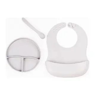 Gri 3’lü Silikon Yemek Seti – Önlük + Diş Kaşıyıcılı Kaşık + Vakumlu Tabak