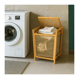 Orta Boy Ahşap Bambu Kirli Sepeti 40x35x60