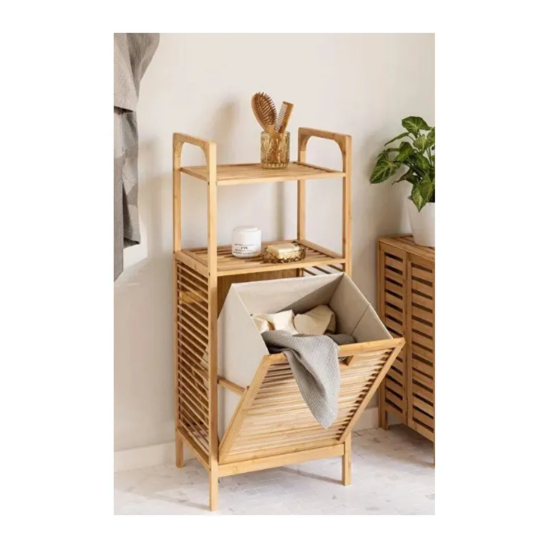 2 Organizer Raflı Ahşap Bambu Çek-Aç Kirli Sepeti