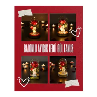 Balonlu Ayıcık Ledli Gül Fanus