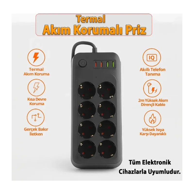 Termal Akım Korumalı 8 Prizli Uzatma Kablosu