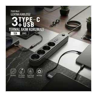 Termal Akım Korumalı 4 Prizli USB Girişli Uzatma Kablosu