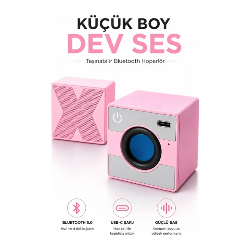 Mini Taşınabilir Hoparlör - Type C (USB-C) Şarj - Güçlü Bass - Küp Tasarım