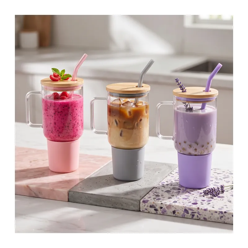 1000 ml Cam Matara Kupa Bardak - Bambu Kapaklı - Silikon Kılıflı - Çelik Pipetli