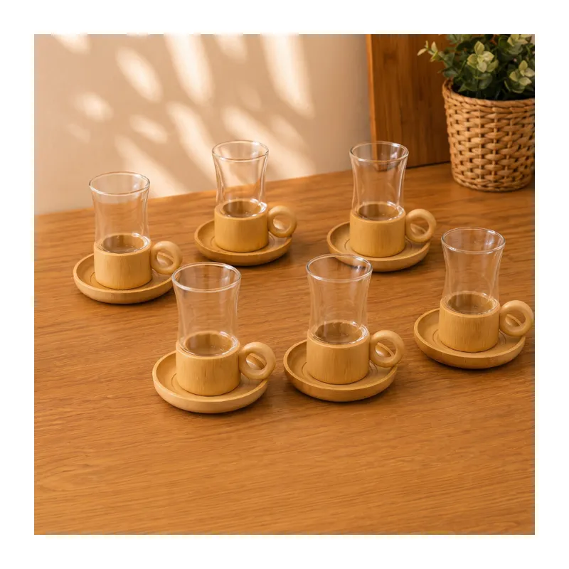 12 Parça Çay Seti - Bambu Bardak Altığı - Çift Cidarlı Cam - 150 ml