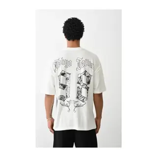 Unisex Baskılı Oversize T-Shirt - Beyaz