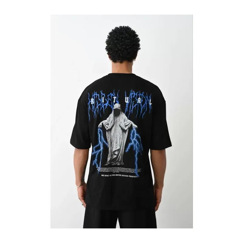 Unisex Baskılı Oversize T-Shirt - Siyah