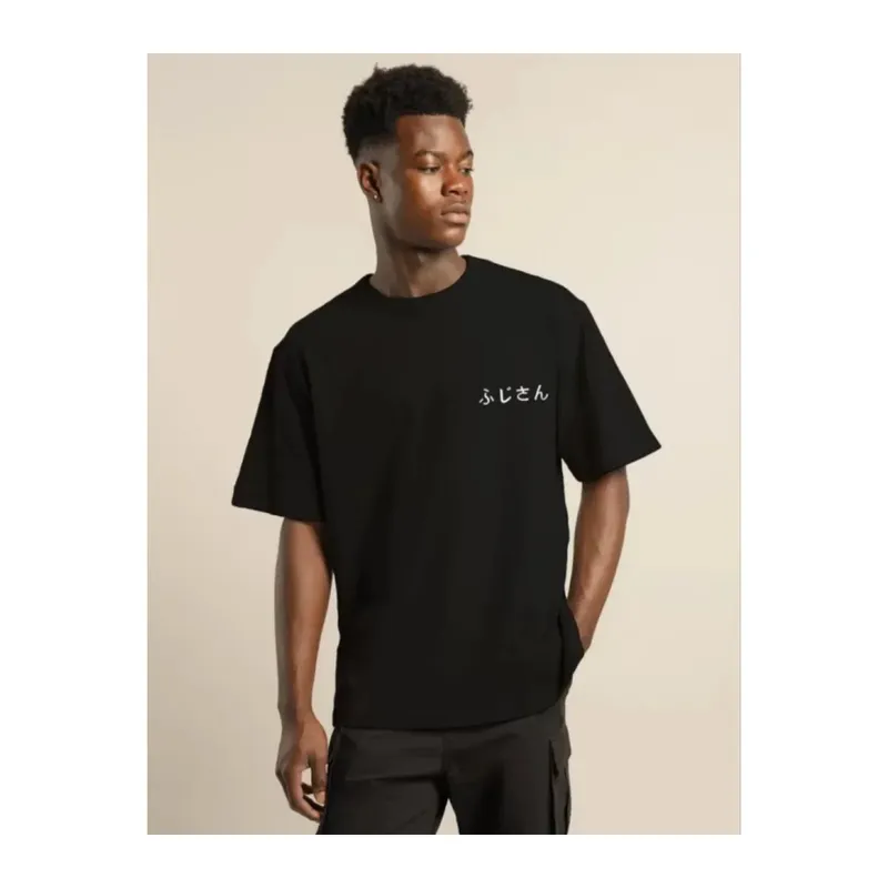 Unisex Bisiklet Yaka Baskılı Oversize T-Shirt - Siyah