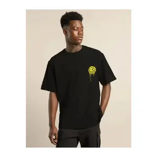 Unisex Bisiklet Yaka Baskılı Oversize T-Shirt - Siyah