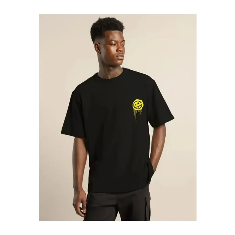 Unisex Bisiklet Yaka Baskılı Oversize T-Shirt - Siyah