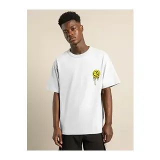Unisex Bisiklet Yaka Baskılı Oversize T-Shirt - Beyaz