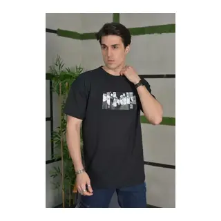 Unisex Bisiklet Yaka Baskılı Oversize T-Shirt - Siyah