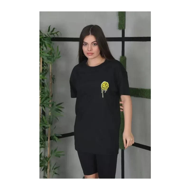 Unisex Bisiklet Yaka Baskılı Oversize T-Shirt - Siyah