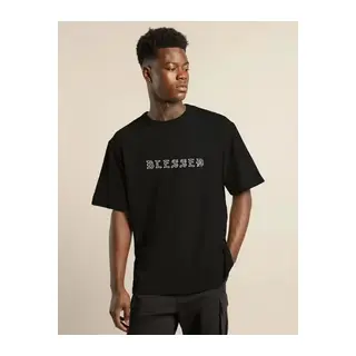Unisex Bisiklet Yaka Oversize Baskılı T-Shirt - Siyah