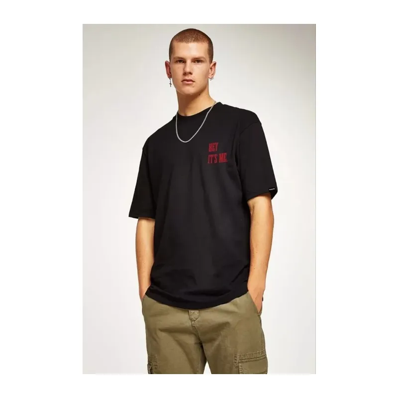 Unisex Bisiklet Yaka Oversize Baskılı T-Shirt - Siyah