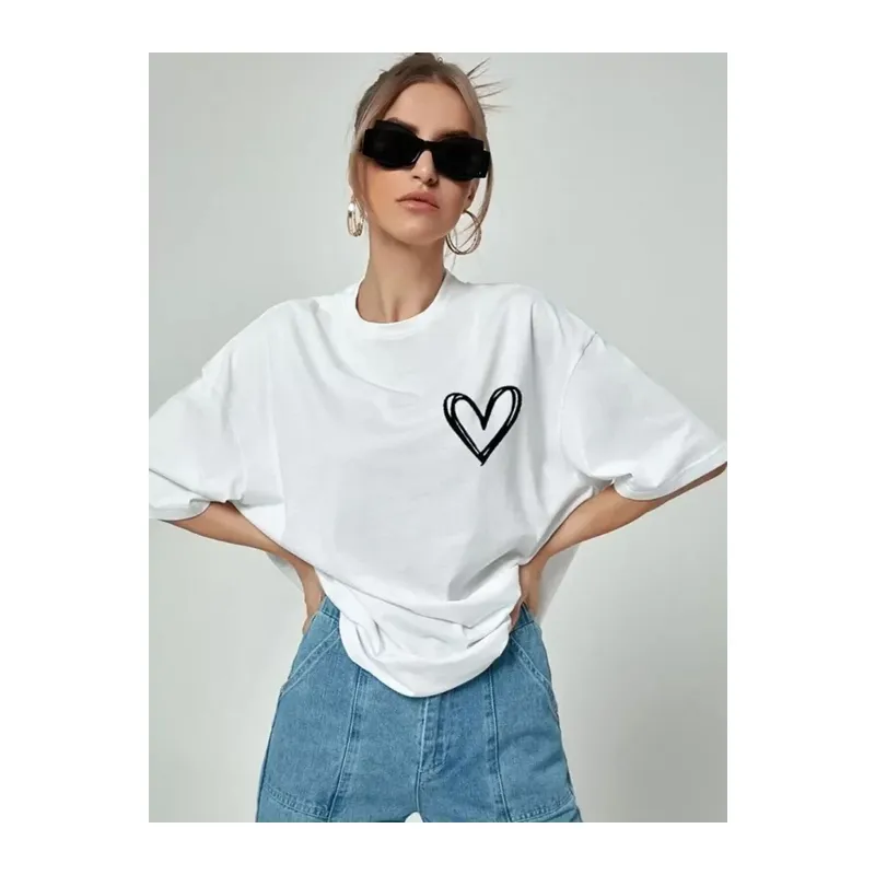 Bisiklet Yaka Baskılı Oversize T-Shirt - Beyaz
