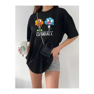 Bisiklet Yaka Baskılı Oversize T-Shirt - Siyah