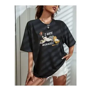 Bisiklet Yaka Baskılı Oversize T-Shirt - Siyah