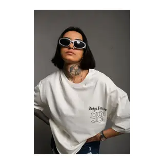Unisex Bisiklet Yaka Baskılı Oversize T-Shirt - Beyaz