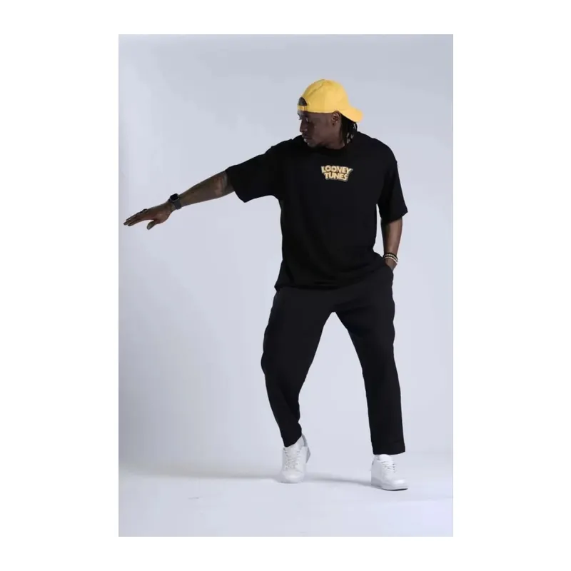 Unisex Bisiklet Yaka Baskılı Oversize T-Shirt - Siyah