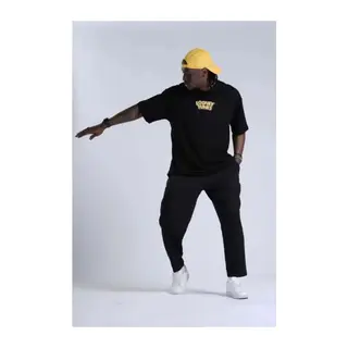 Unisex Bisiklet Yaka Baskılı Oversize T-Shirt - Siyah