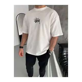 Unisex Bisiklet Yaka Baskılı Oversize T-Shirt - Beyaz