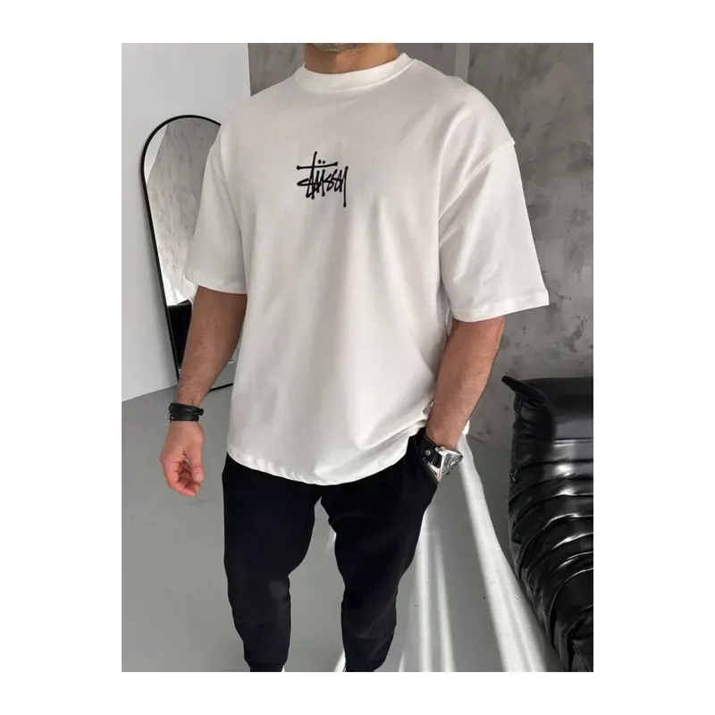 Unisex Bisiklet Yaka Baskılı Oversize T-Shirt - Beyaz