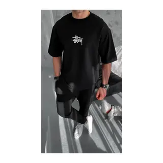 Unisex Bisiklet Yaka Baskılı Oversize T-Shirt - Siyah