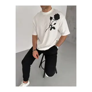 Unisex Bisiklet Yaka Baskılı Oversize T-Shirt - Beyaz