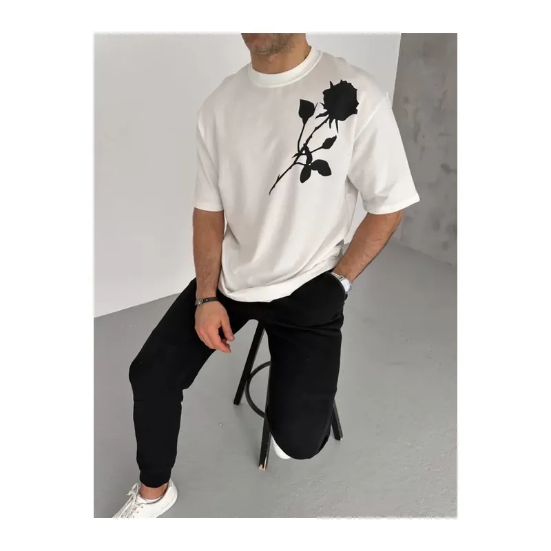 Unisex Bisiklet Yaka Baskılı Oversize T-Shirt - Beyaz