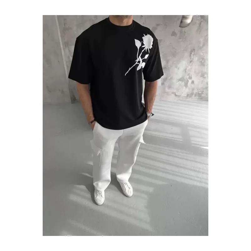 Unisex Bisiklet Yaka Baskılı Oversize T-Shirt - Siyah