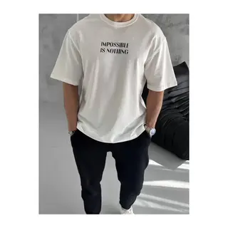 Unisex Bisiklet Yaka Baskılı Oversize T-Shirt - Beyaz