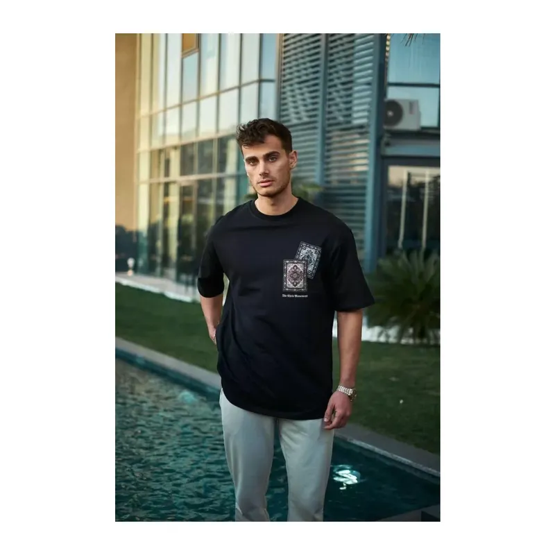Unisex Bisiklet Yaka Baskılı Oversize T-Shirt - Siyah