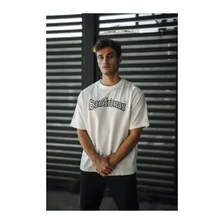 Unisex Bisiklet Yaka Baskılı Oversize T-Shirt - Beyaz