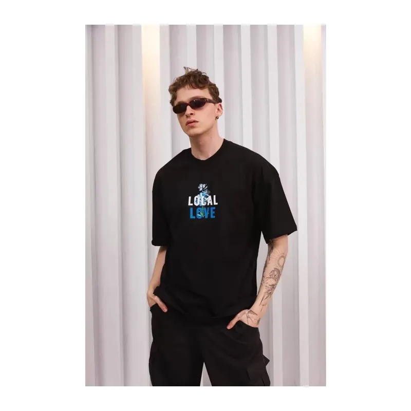 Unisex Bisiklet Yaka Baskılı Oversize T-Shirt - Siyah