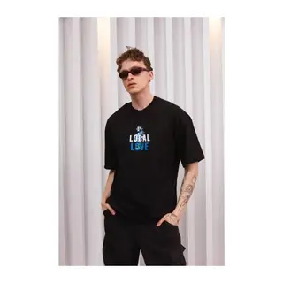 Unisex Bisiklet Yaka Baskılı Oversize T-Shirt - Siyah