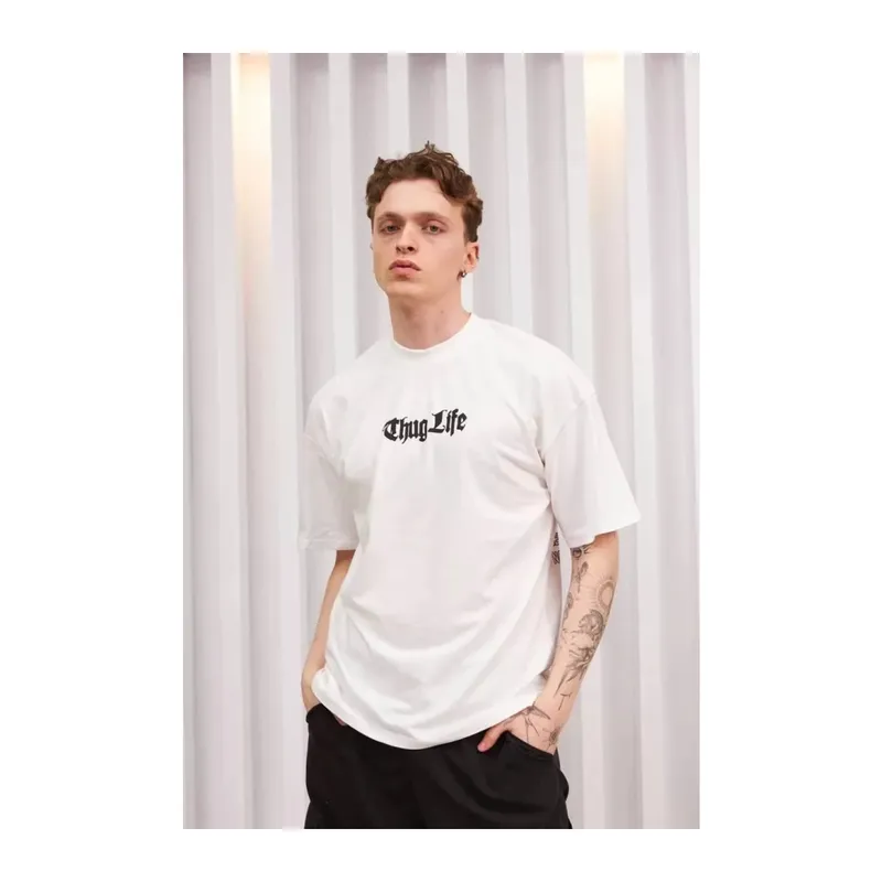 Unisex Bisiklet Yaka Baskılı Oversize T-Shirt - Beyaz